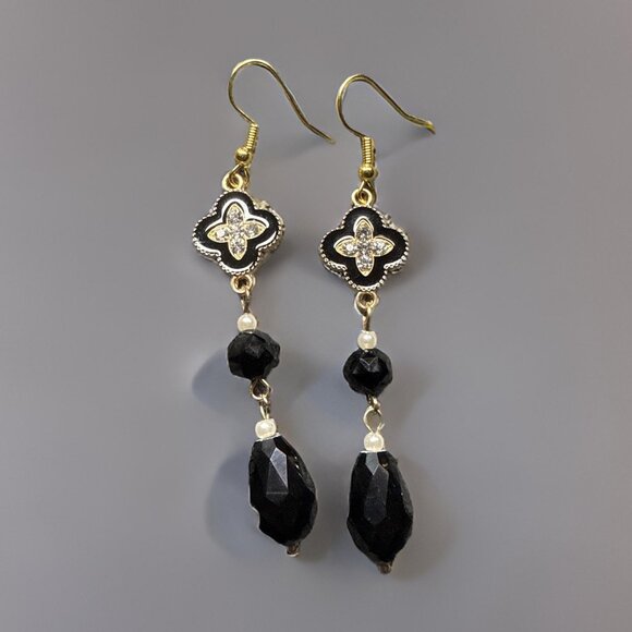 Earrings Dangle Black Obsidian Clover CZ gemstone Jewelry Event Gift New - Picture 8 of 8